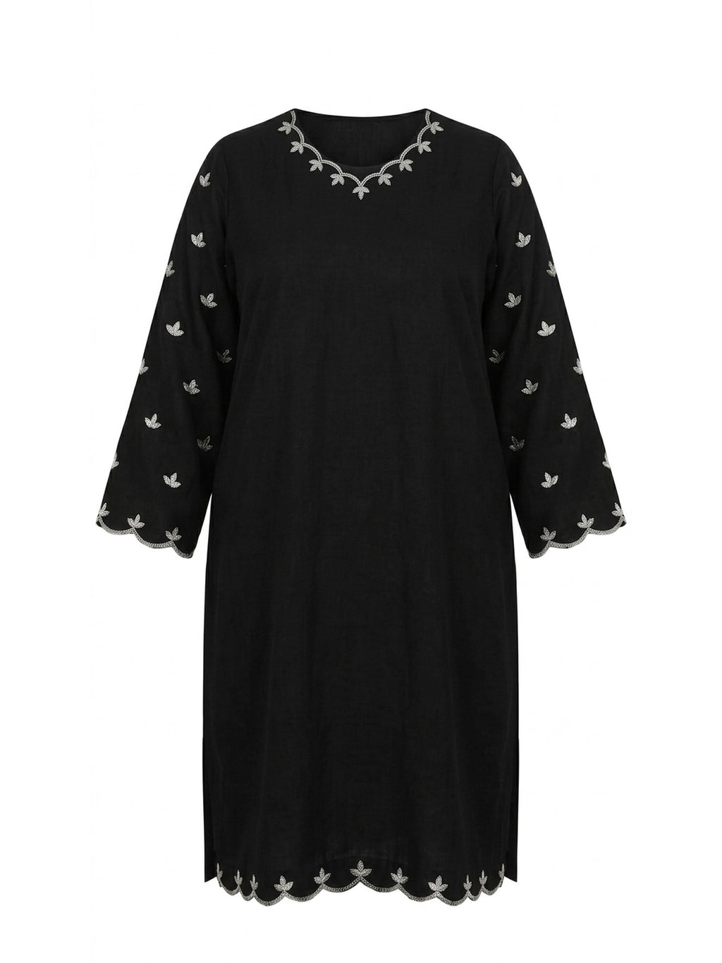 Flat product view of the Black Embroidered kurta showing the scalloped embroidered hem and sleeve