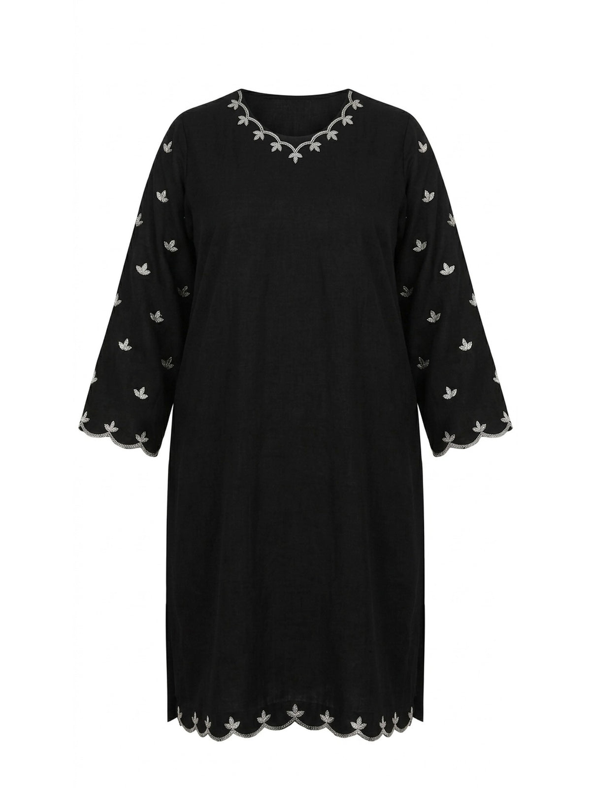 Flat product view of the Black Embroidered kurta showing the scalloped embroidered hem and sleeve