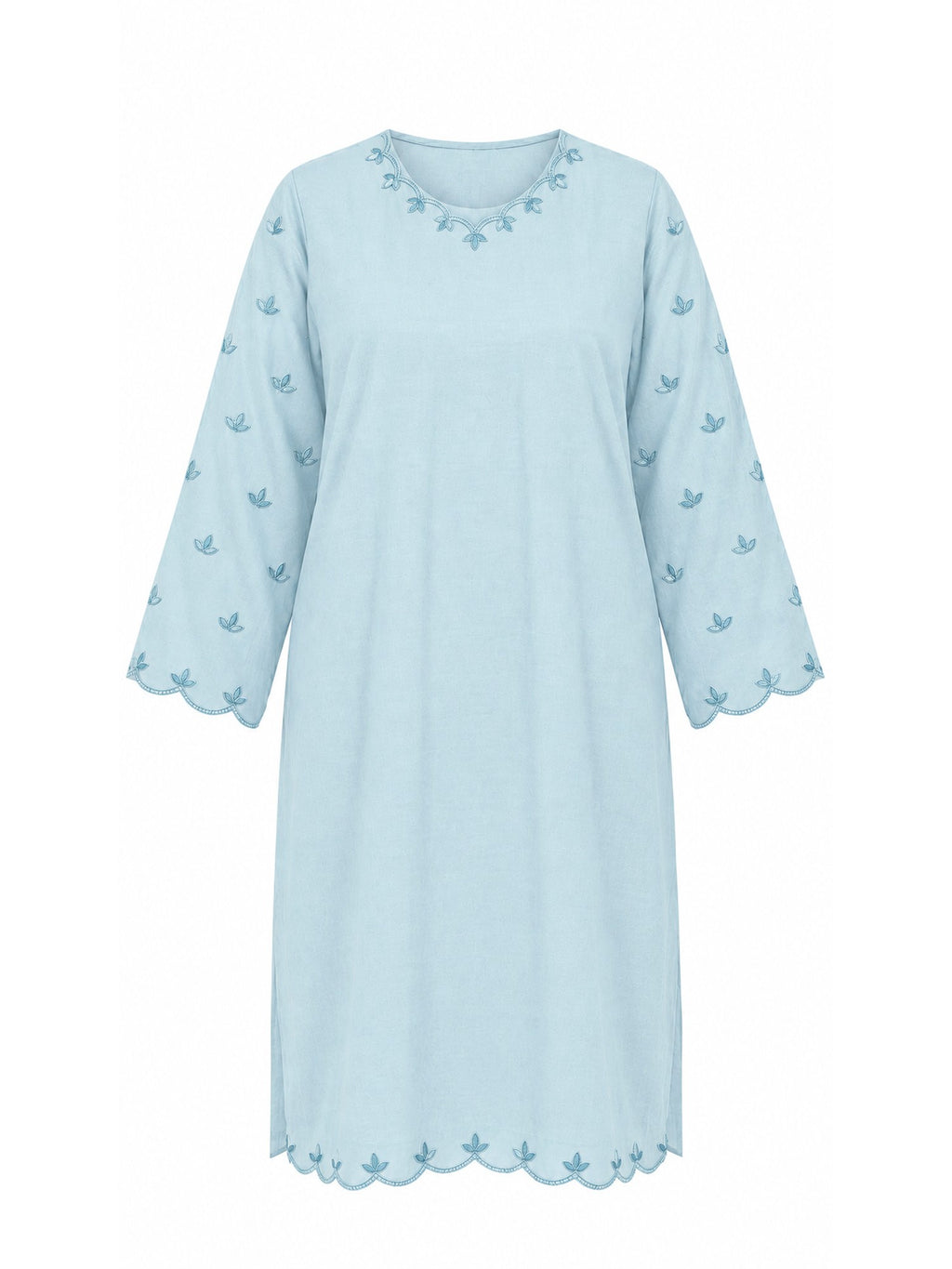 Flat product view of the Ice Blue Embroidered kurta showing the scalloped embroidered hem and sleeve
