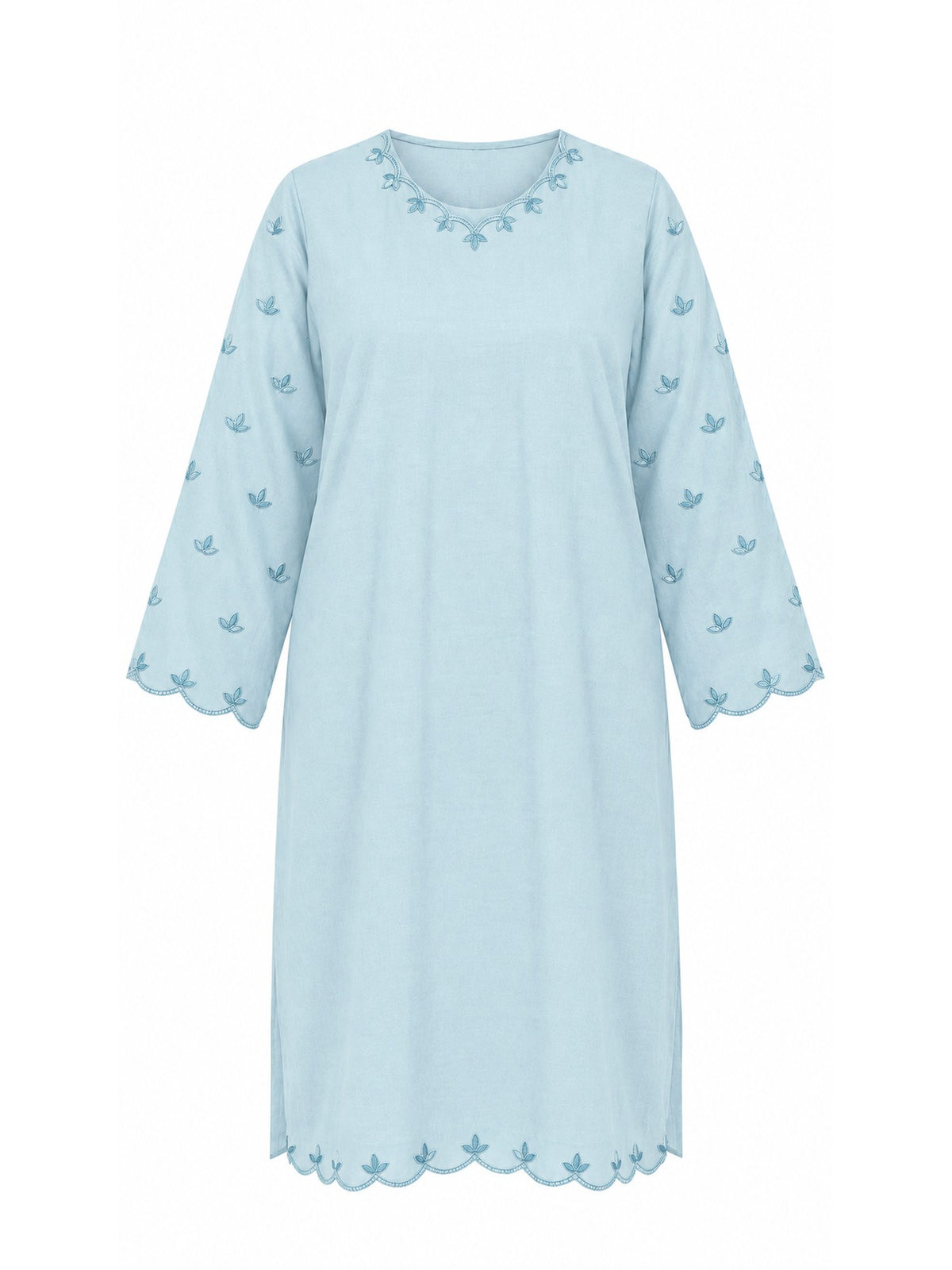Flat product view of the Ice Blue Embroidered kurta showing the scalloped embroidered hem and sleeve